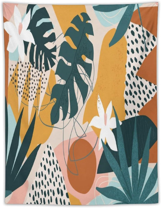 Abstract Bohemian Mid Century Tapestry, Tropical Leaves Modern Geometric Archway Minimalist Bohemian Botanical Aesthetic Wall Hanging, Sage Green Gold Home Decor Art for Bedroom 30x40 Inch
