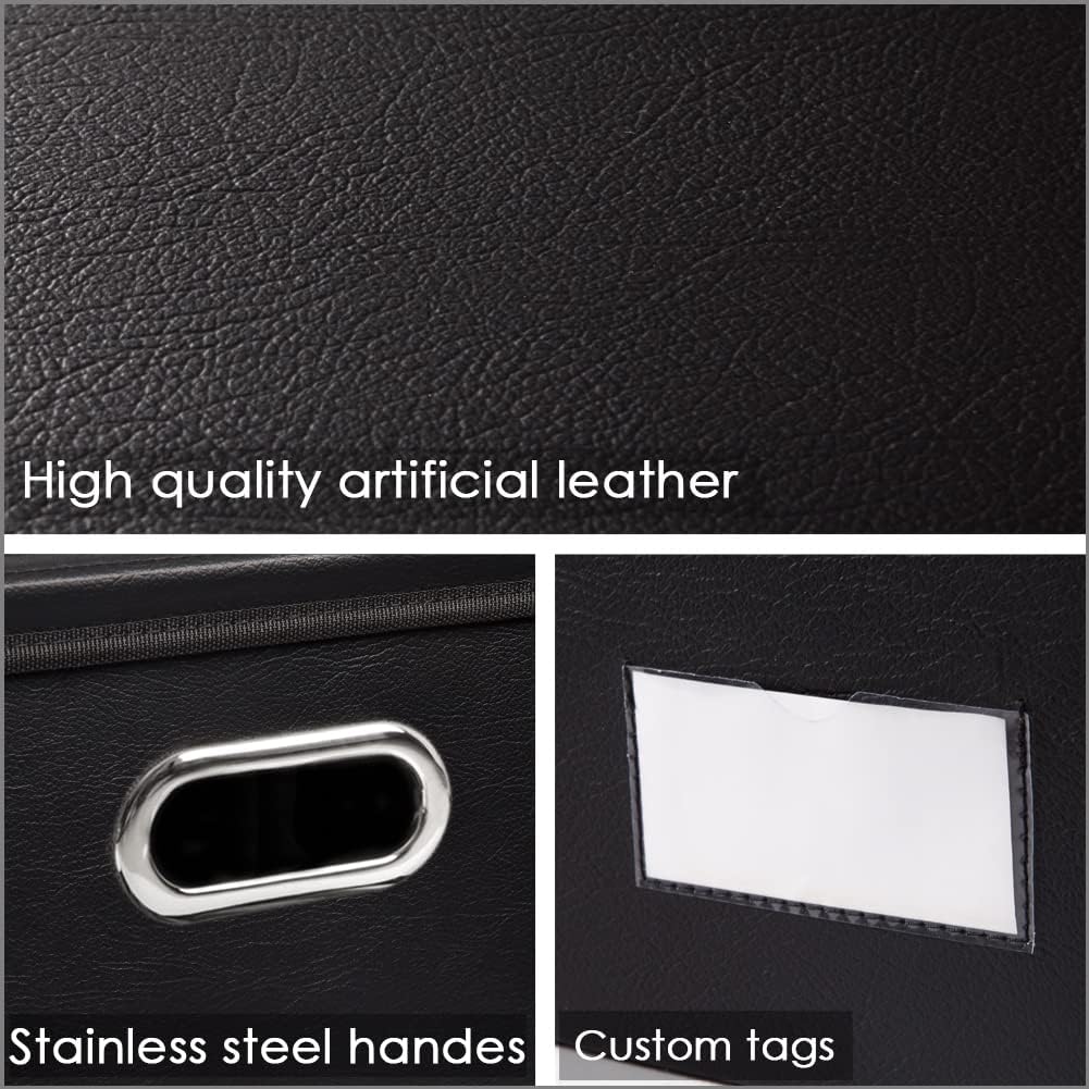 PRANDOM Large Stackable Storage Boxes with Lids [5-Pack] Leather Fabric Foldable Storage Bins Organizer Containers Baskets Cubes with Cover for Bedroom Closet Office Nursery Black(17.7x11.8x11.8)