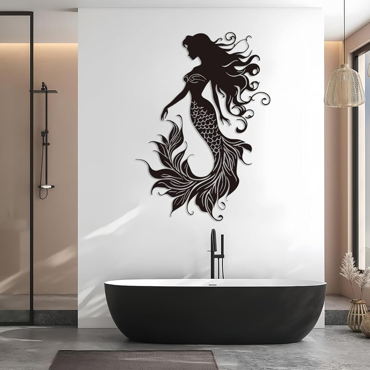 Veplsur Mermaid Metal Wall Art, Metal Mermaid Wall Decor, Marine Biology Wall Decor, Ocean Wall Art, Nautical Wall Hanging, Beach Hanging for Bathroom Bedroom (White, 24"x17"|60x43cm)