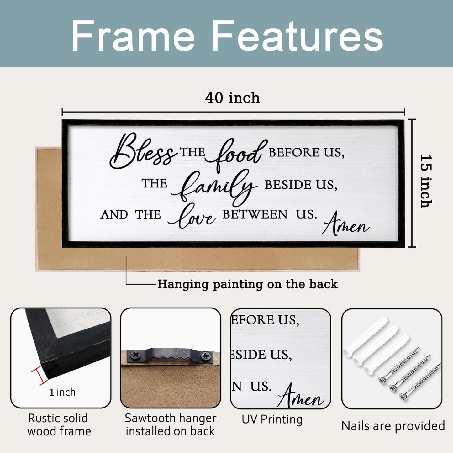 Bless the Food Before Us, the Family Beside Us, and the Love between us Framed Wall Art for Christian God Jesus Christ Prayer, 40''×15'' Positive Holy Religious Rustic Bible Verse for Dining Room