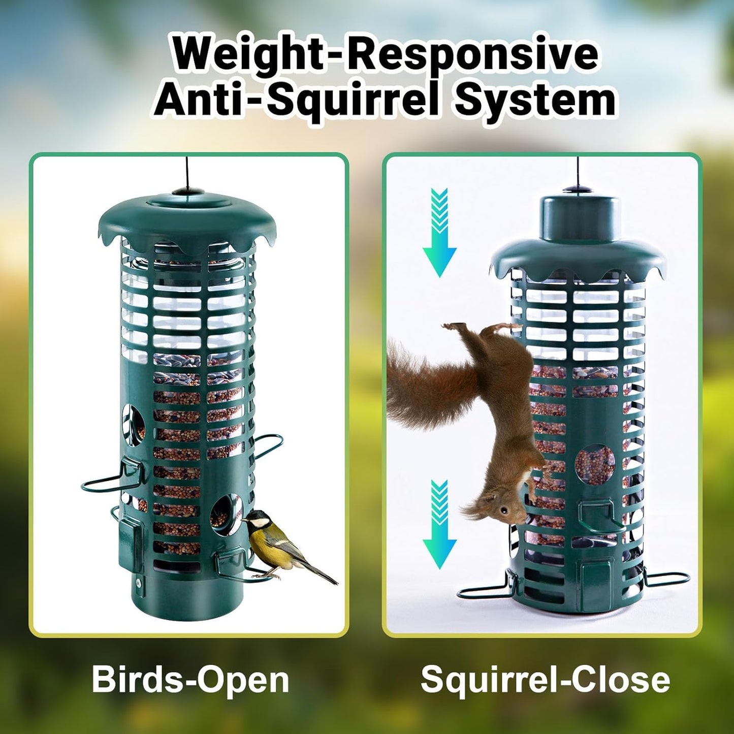 Squirrel Proof Bird Feeder Metal Mesh for Outdoors Hanging,Weight Activated Weatherproof Wild Bird Feeders with Finch Cardinal Chickadee,Large Capacity(Green)