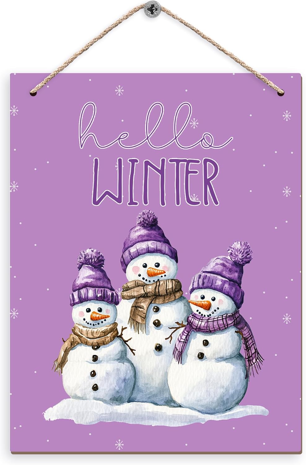 Purple Hello Winter Snowman Hanging Wooden Signs 10x8, Snowman Winter Signs, Winter Door Sign, Purple Snowman Winter Snowflakes Home Room Office Hanging Wall Decor