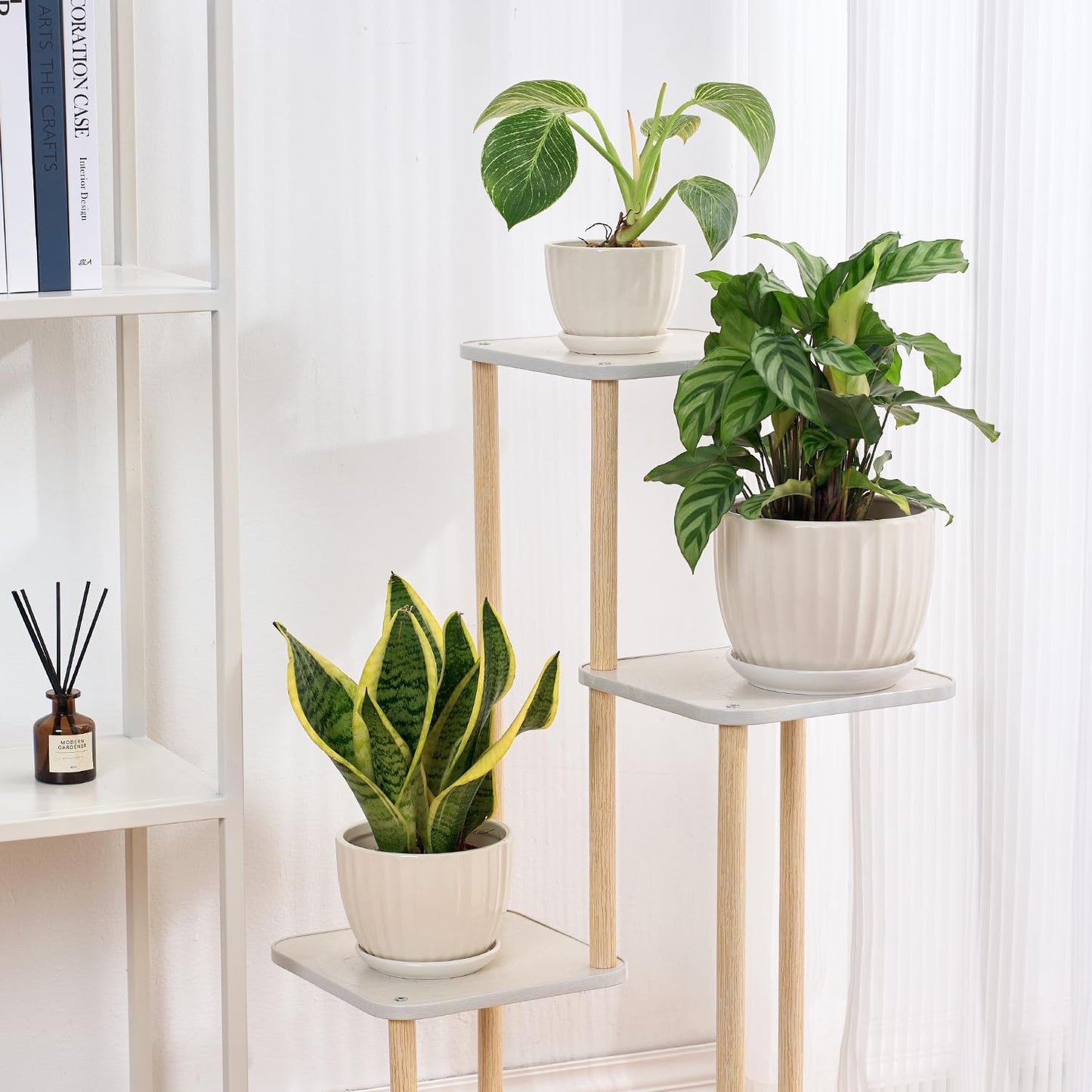 4/5/6 Inches Ceramic Plant Pots with Drainage Holes and Saucers, Round Flower Pots for Indoor Plant, Modern Flower Planters Set of 3 (White-Big Size)