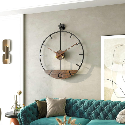 Modern Wood Walnut Dial Wall Clock, Large Simple Wall Decor Metal Frame Silent Non Ticking Clock for Living Room, Kitchen, Bedroom, Study Decoration, Handmade Home Present Idea, 29.5 in