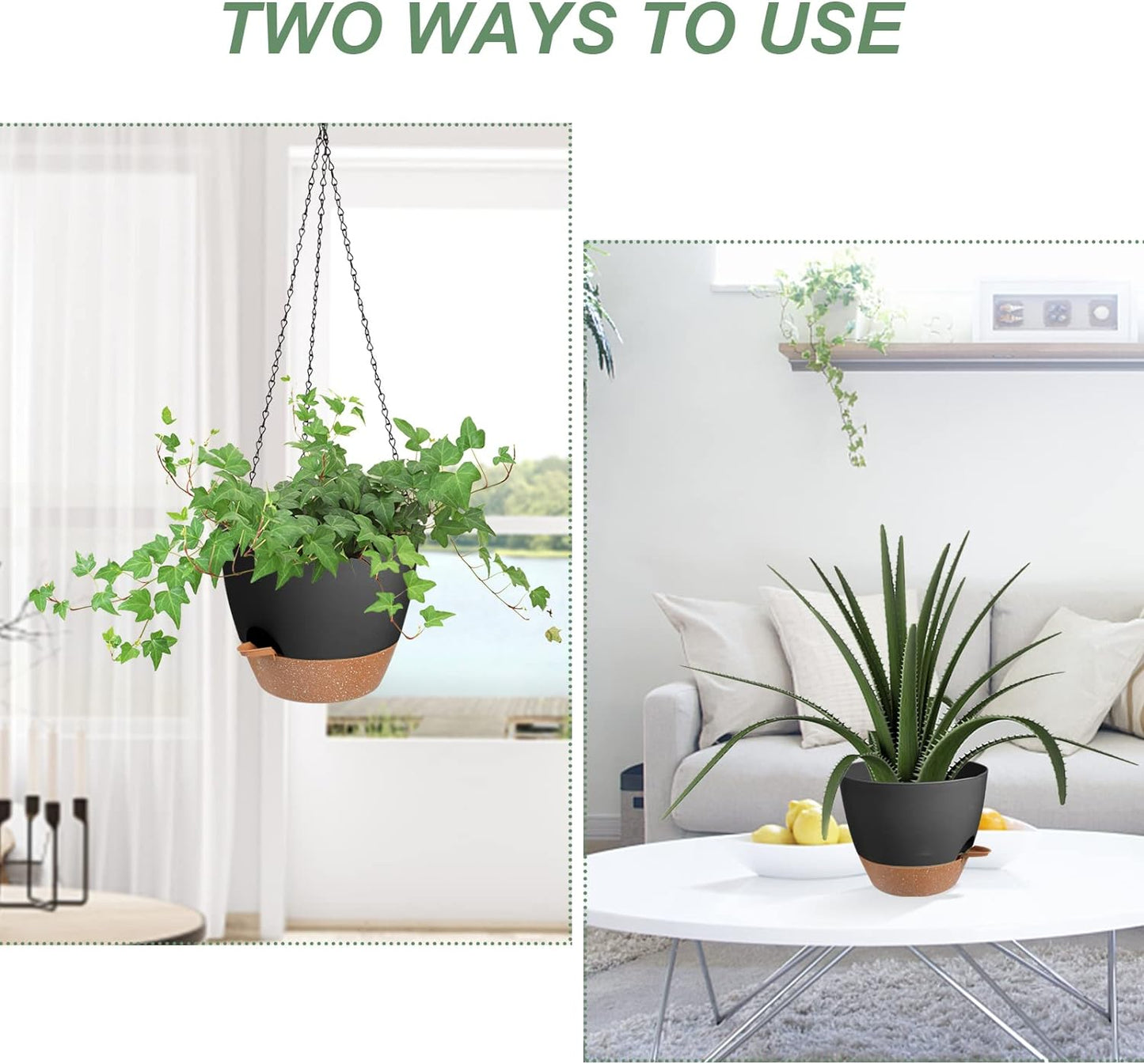 Hanging Planters for Indoor Outdoor Plants, 2 Pack Self Watering Hanging Pot with Drainage Holes & Removable Tray (Black, 10'')