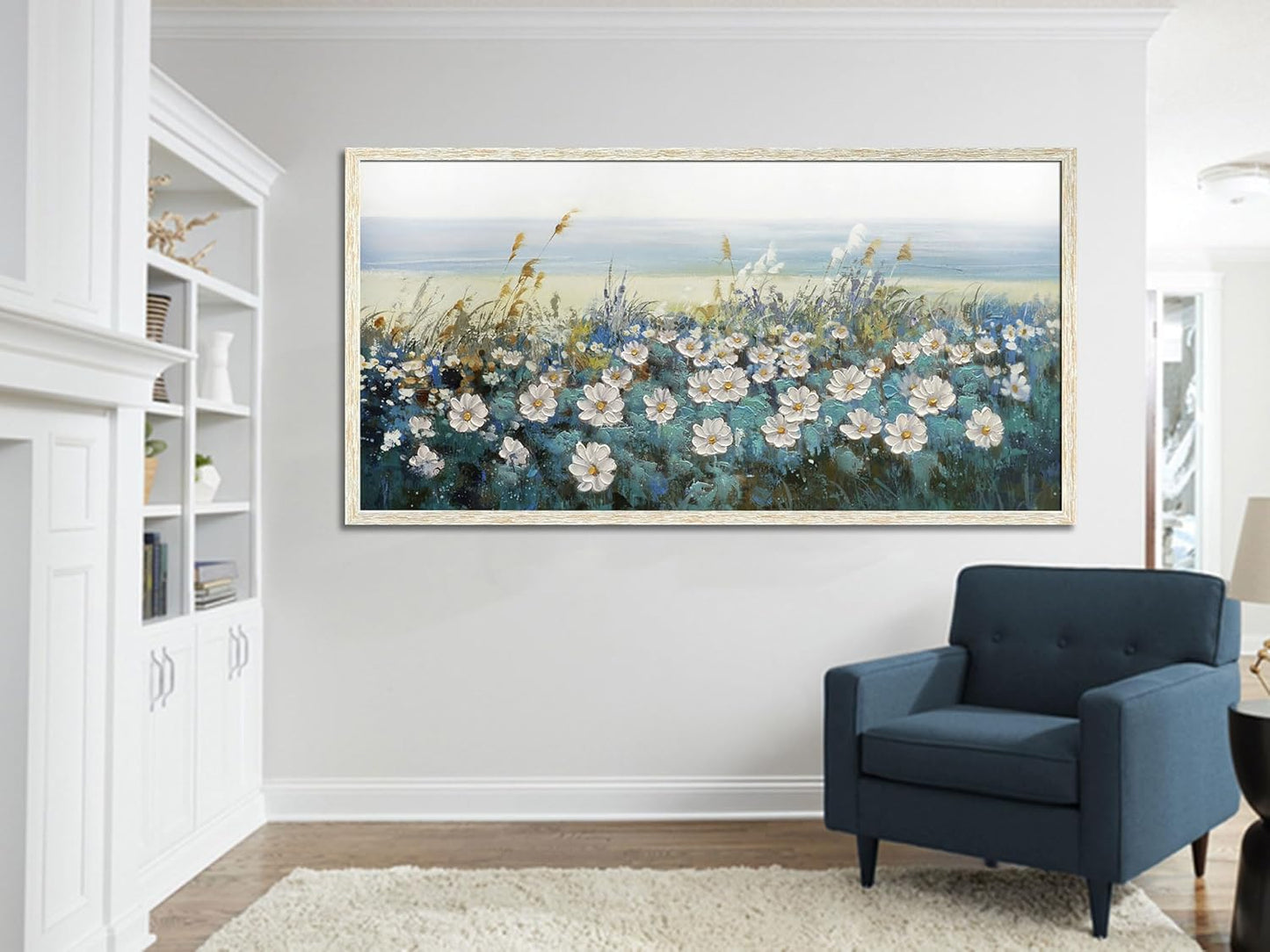Arjun Flowers Wall Art Canvas White Daisy Floral Painting Blue Coastal Landscape Turquoise Floral Scenery Picture Artwork for Living Room Bedroom Office Home Wall Decor, Framed Extra Large 58"x29"