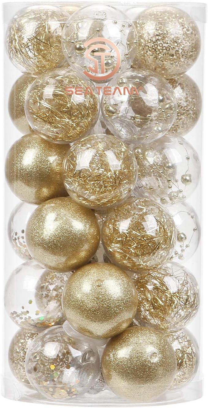 Sea Team 50mm/1.97" Shatterproof Clear Plastic Christmas Tree Ball Ornaments Set, Decorative Hanging Transparent Xmas Baubles with Stuffed Delicate Decorations (30 Counts, Gold)