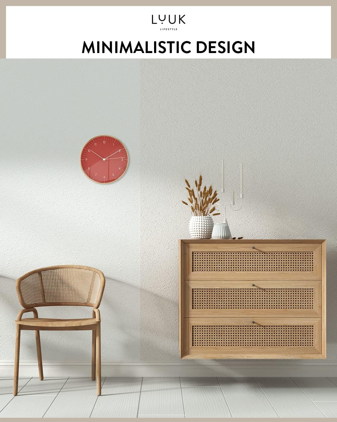 LUUK LIFESTYLE Modern Wall Clock with Silent Quartz Movement, Stylish and Elegant, for Living Room, Bedroom, Dining Room, red and Gold