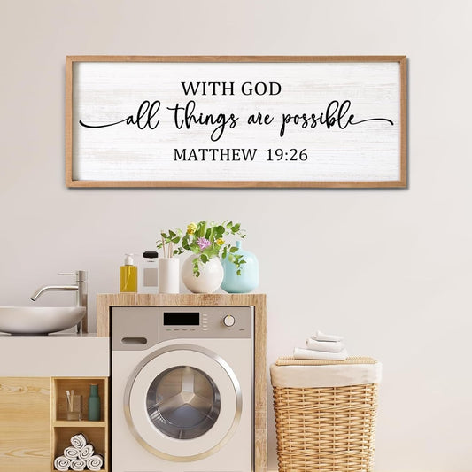 With God All Things are Possible Framed Wall Art, 40''×15'' Positive Religious Rustic Bible Verse for Christian God Jesus Christ Prayer, Vintage Horizontal Holy Inspirational Catholic Scripture Decor