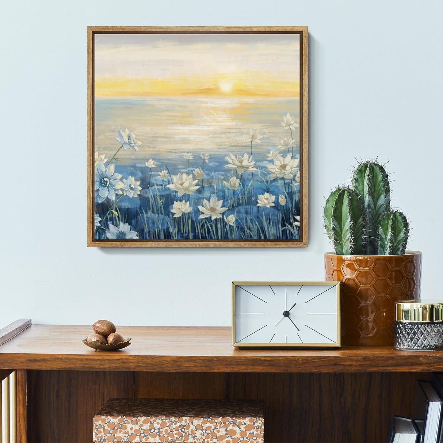 Bathroom Decor Wall Art-Framed Canvas Wall Art Modern Beach Coastal Floral Sunset Boho Ocean Artwork Blue Yellow Lotus Flower Zen Wall Picture for Bedroom Kitchen Office Small