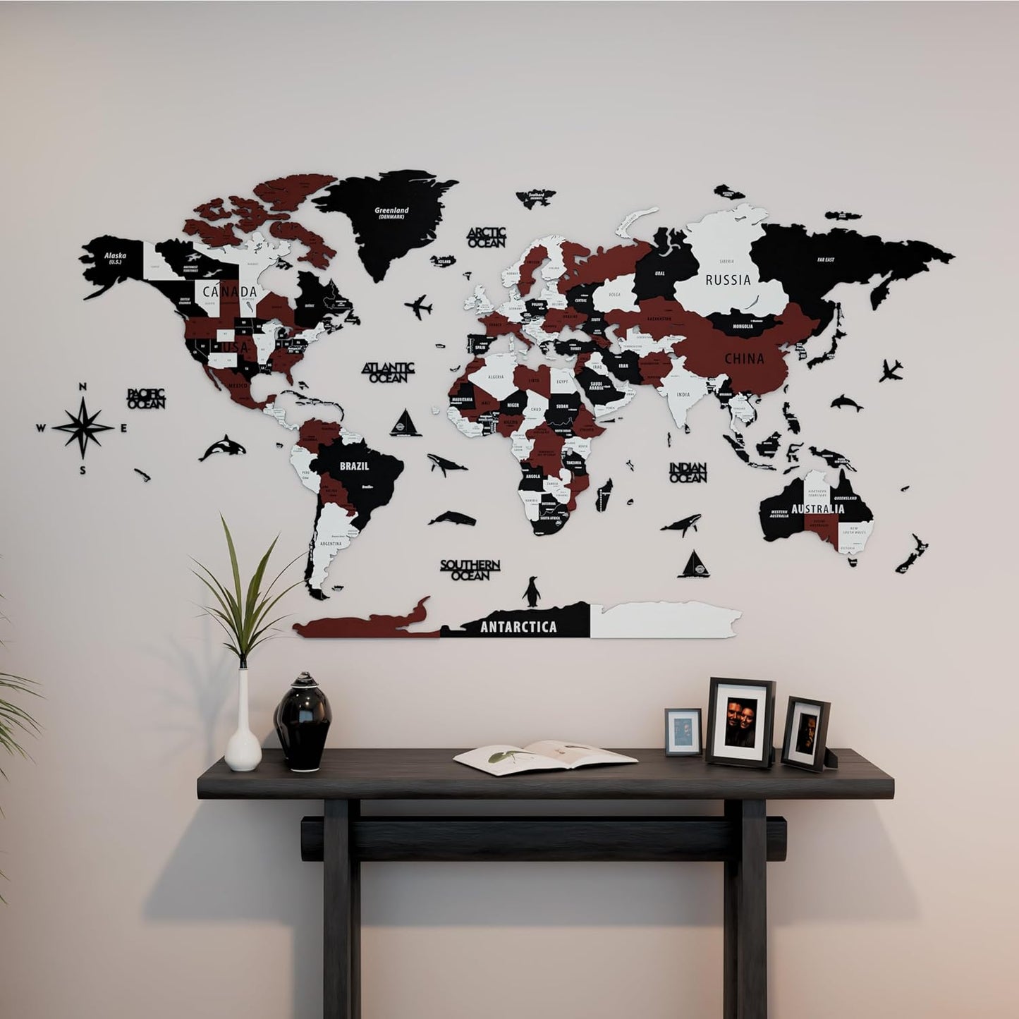 Colorfull Worlds 3D Wooden World Map Wall Art | Unique Wall Decor with Pins for Travel Enthusiasts | Home and Office Wall Décor | Burgundy | Medium