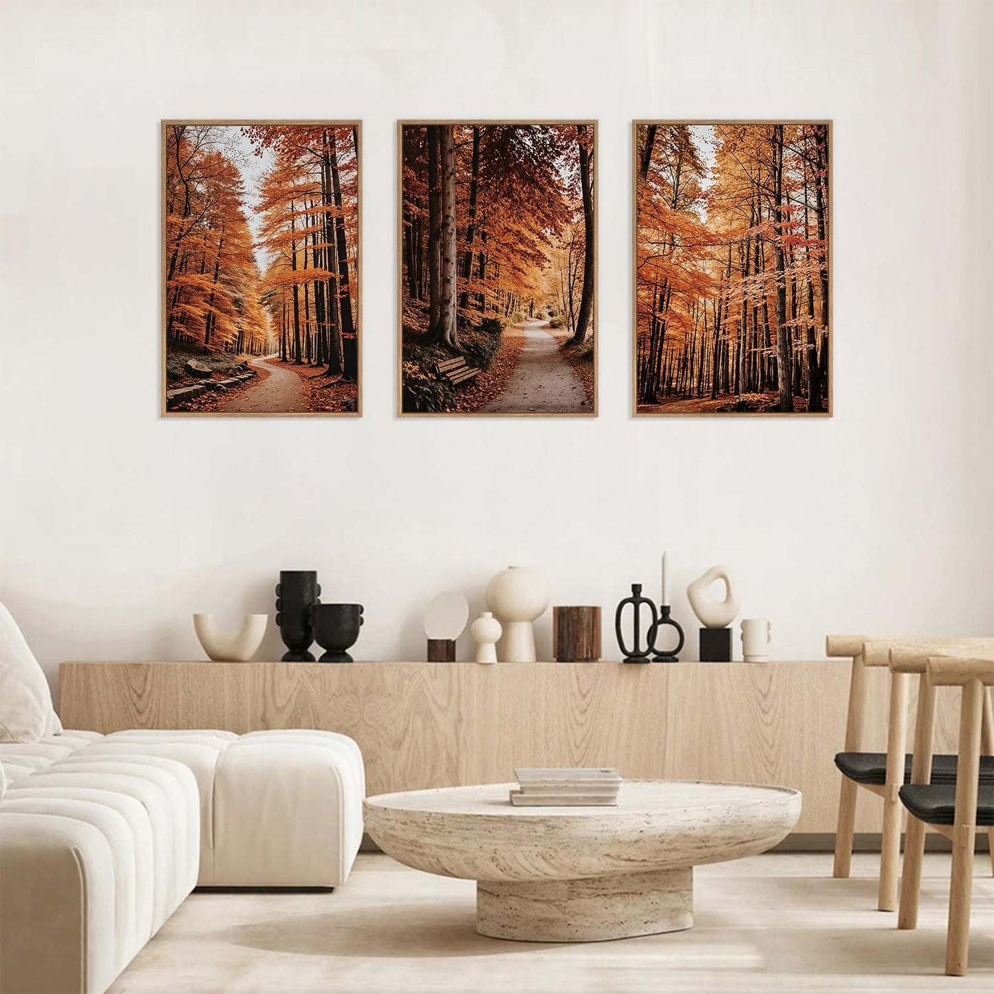 HLNIUC Autumn Forest Framed Canvas Wall Art,Fall Nature Pictures Wall Decor Set of 3(16”x24”) Large Maple Trees Trail Scenery Wall Painting,Modern Fall Landscape Art Print for Living Room,Bedroom