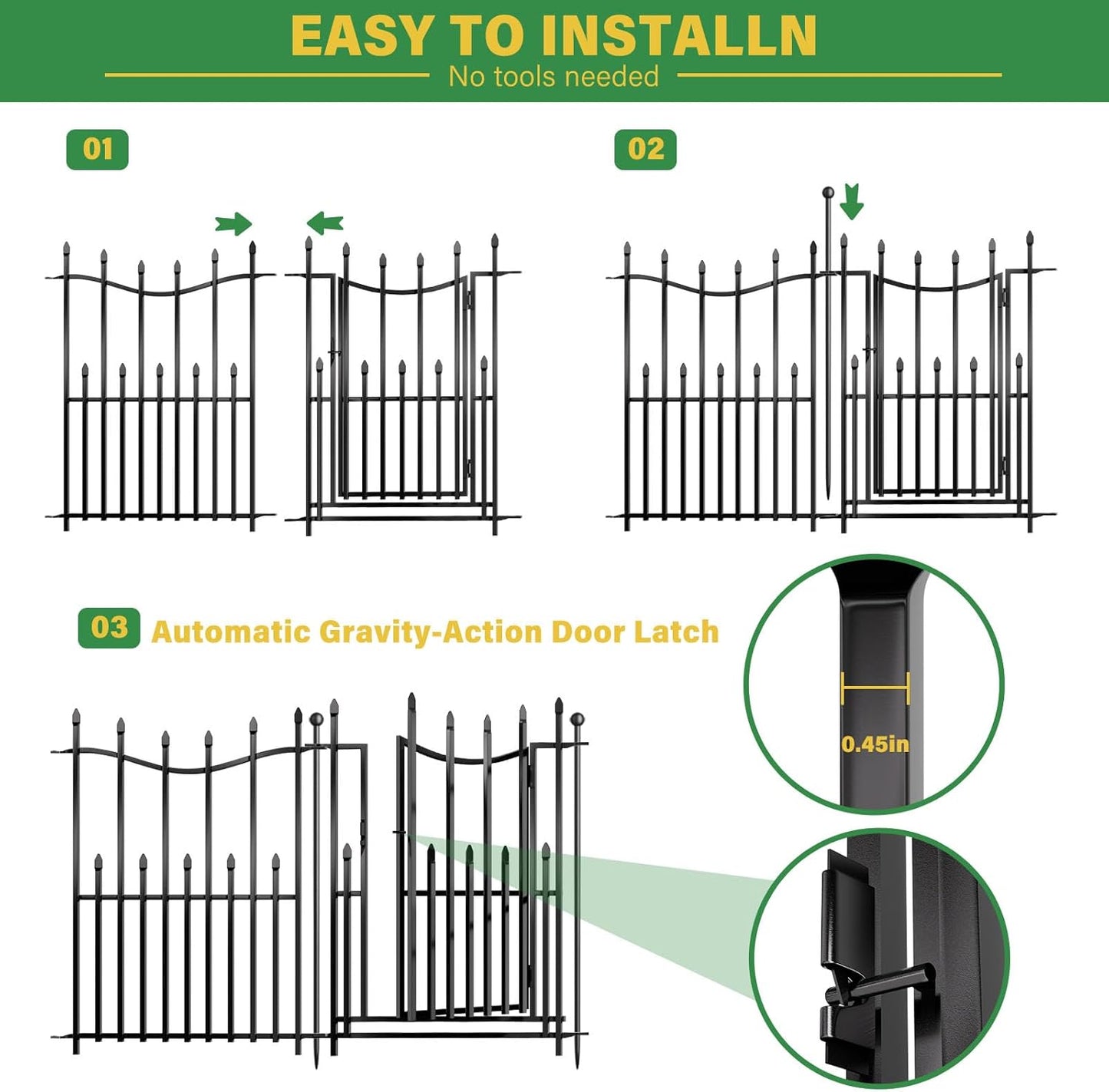 5 Panels No Dig Decorative Garden Fence with Gate, 32in(H) × 11ft(L) Heavy-Duty Rustproof Metal Panels, Outdoor Dog Barrier for Yard & Patio, Landscape, Border| Portable Temporary Fencing