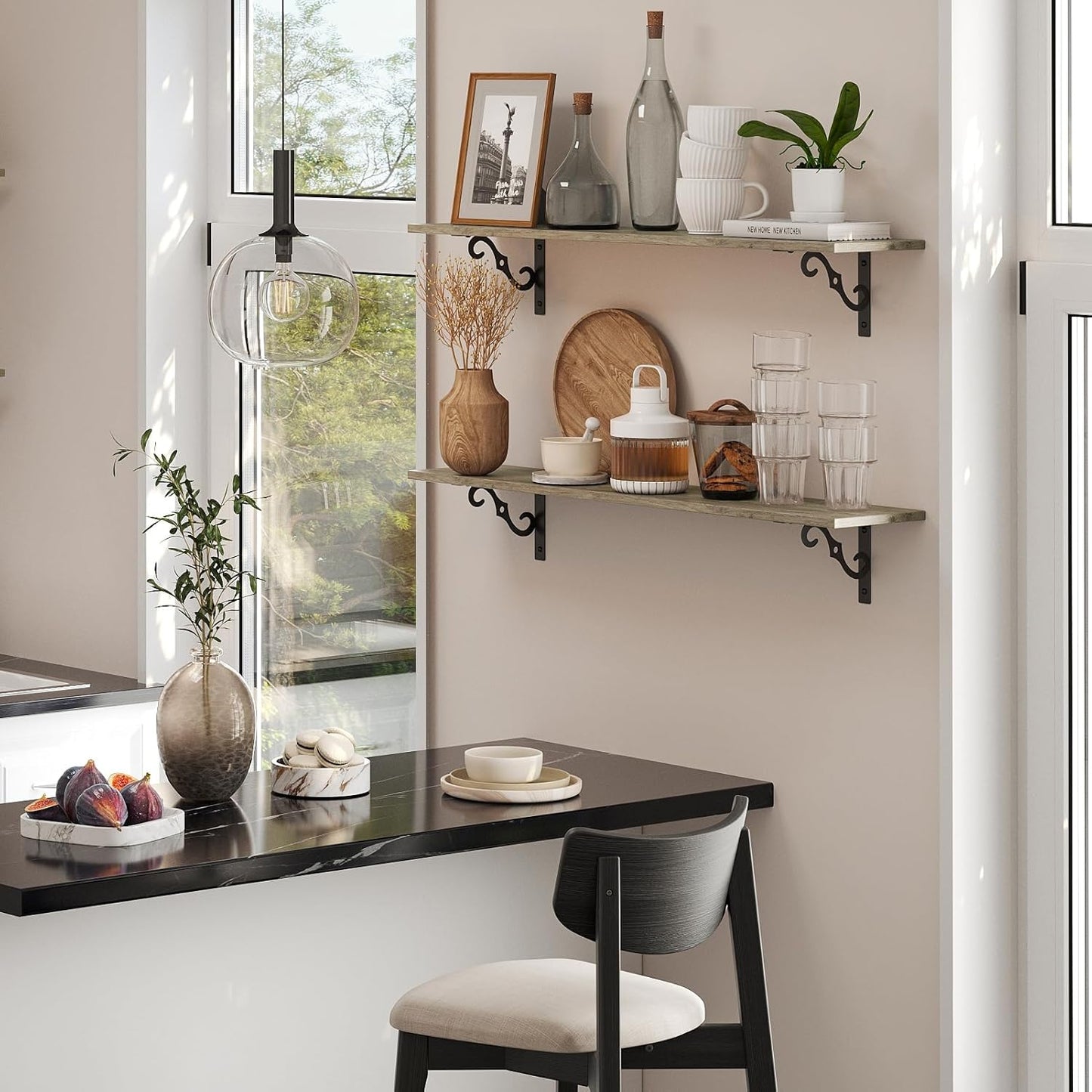 DINZI LVJ Long Wall Shelves, 31.5 Inch Large Floating Shelves Set of 2, Wide Display Shelf Wall Mounted with Brackets, Easy Hanging for Living Room, Toilet, Office, Bedroom, Gray Wash