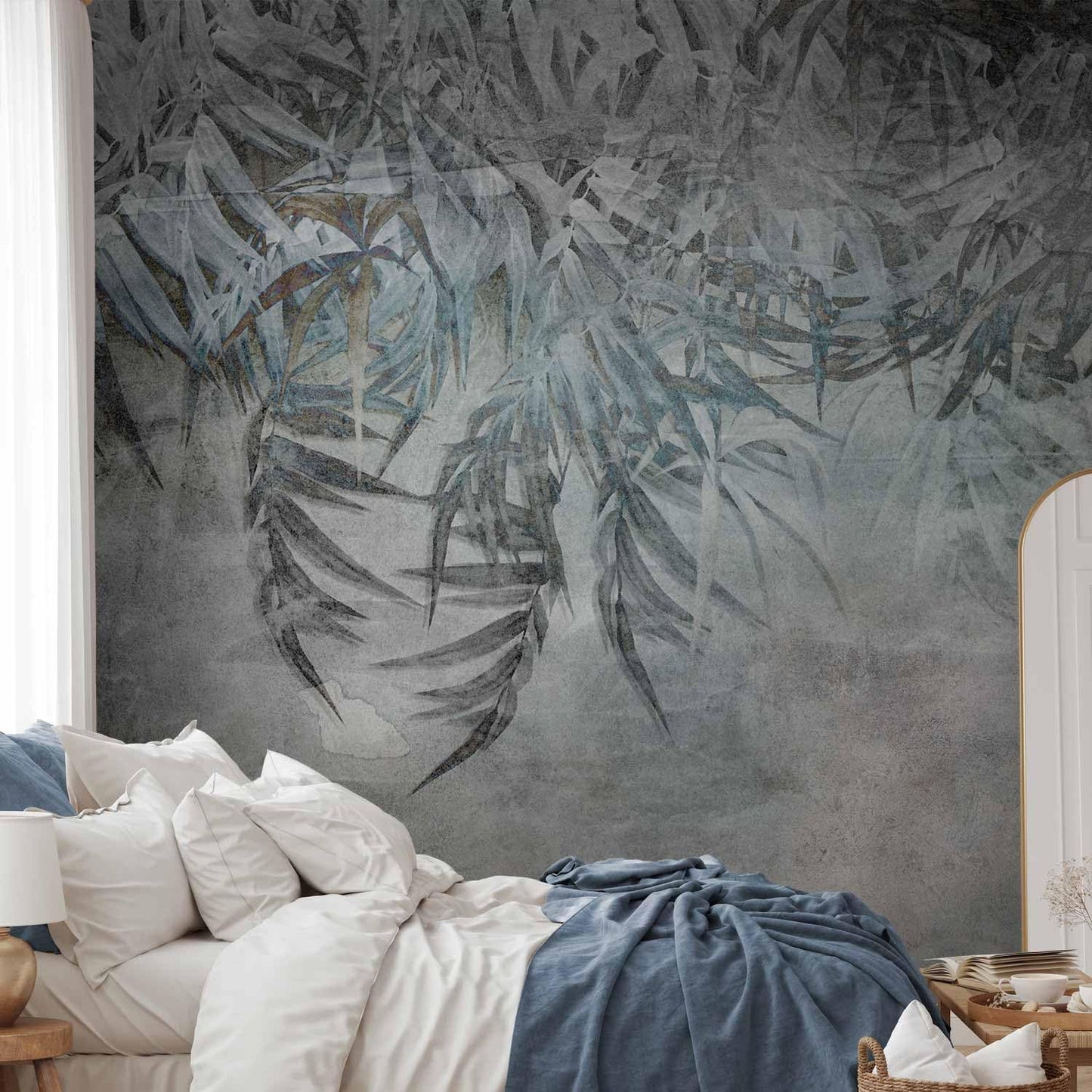 artgeist Premium Wall Mural Leaves 98x69 in - XXL Non-Woven Wallpaper Fleece Wall Decor Photo Print Picture Image Design Palm Leaves Concrete Nature Grey b-C-10103-a-a