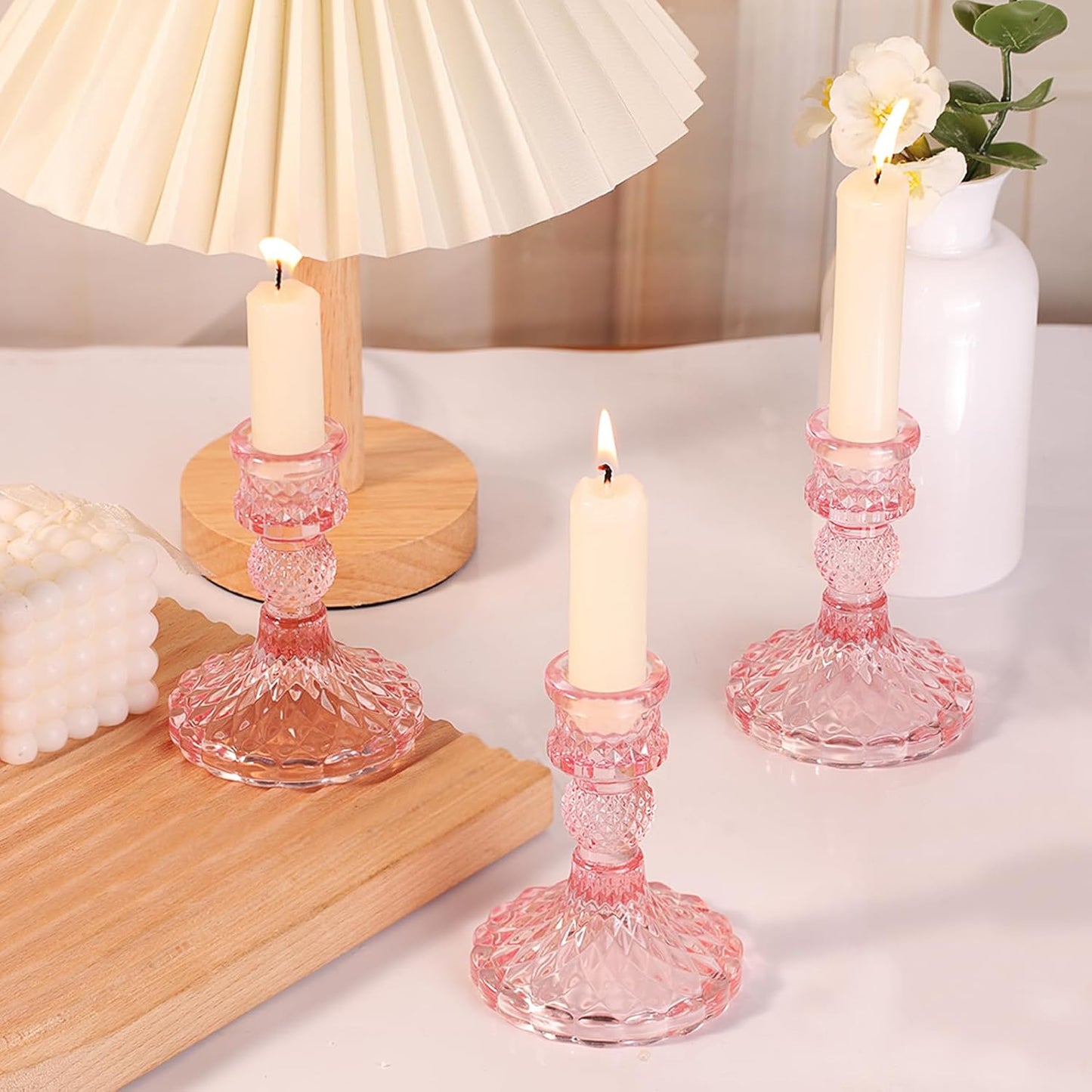 12Pcs Pink Candlestick Holders Set- 4" H Taper Candle Holders Bulk, Glass Candle Holders for Wedding, Party, Romantic Dinner Table Centerpieces, Festival Gifts & Windowsill Decor
