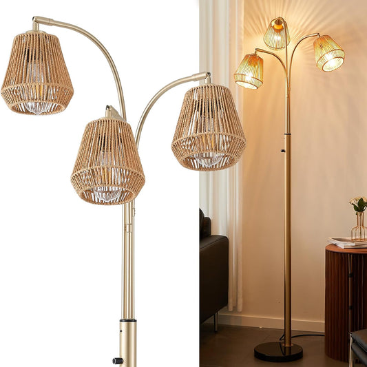 Gold Rattan Floor Lamp for Living Room, 72 Inch Tall Boho Floor Lamp with Rotary Switch, 3 Lights Arc Lamp with Wicker Shade for Coastal,Bohemian,Modern,Tree Farmhouse Standing Lamp