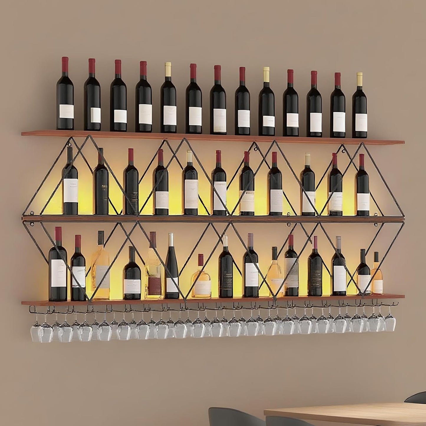 59in Wine Rack Wall Mount with Glass Holder, 3-Tier Floating Wine Rack, Multi-Function Bar Wine Bottle Display Rack for Commercial Restaurants, Tea Rooms, Bars, Wine Cellars (black, 59.05in/150cm)