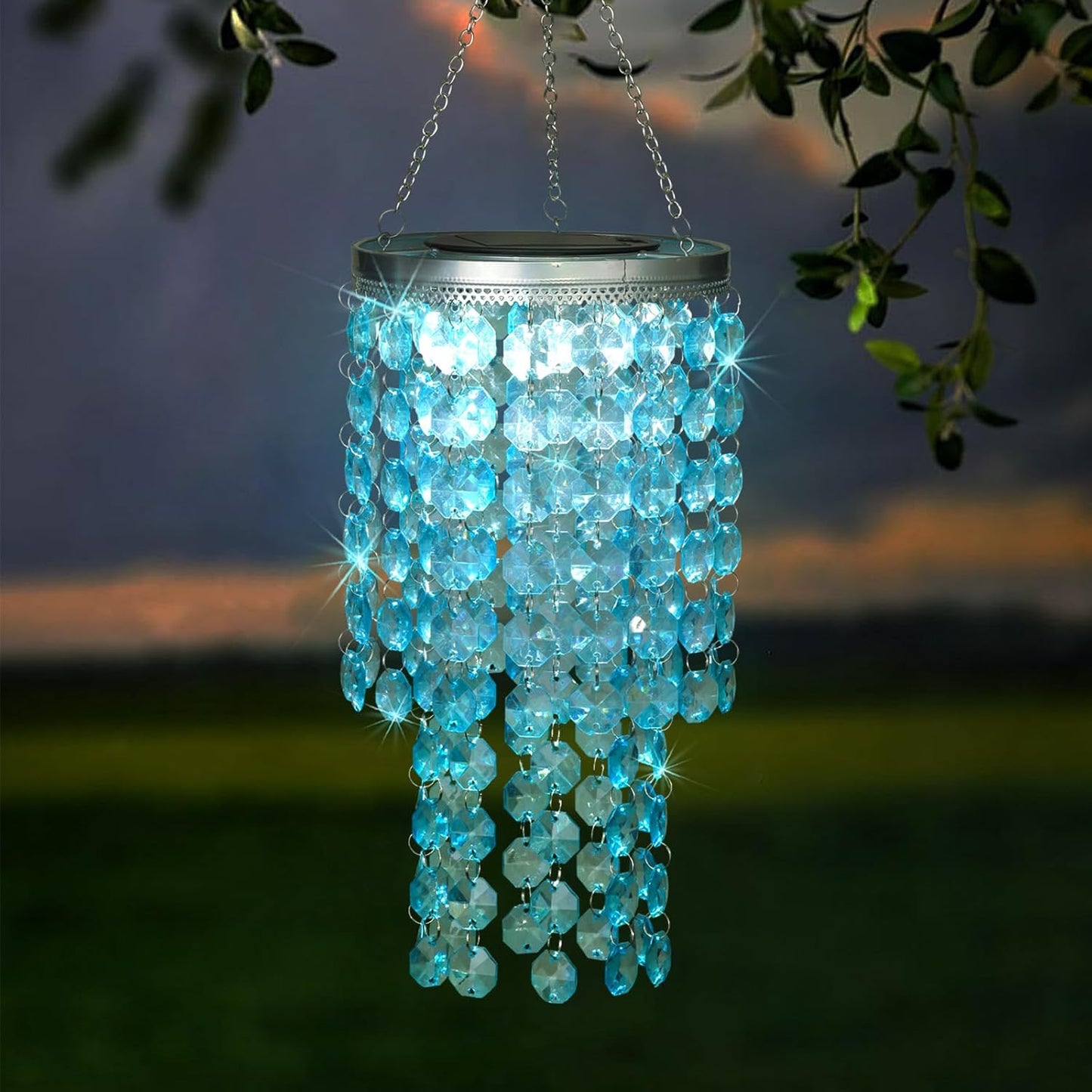 Hanging Solar Lantern Outdoor, 2 Tiers 21” Solar Blue Acrylic Beaded Chandelier with Cool White LED S Hooks for Garden Yard Patio Gazebo Outside Decor