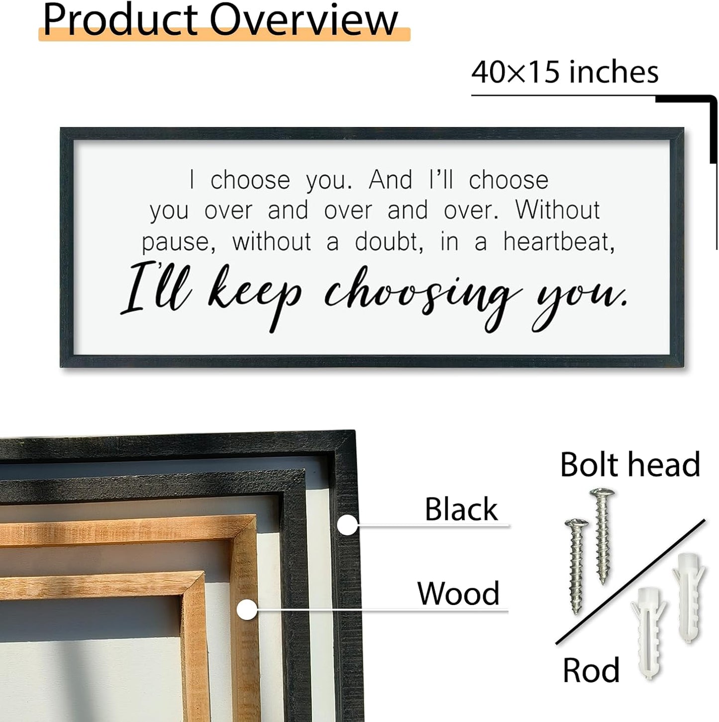 comurdyo I'll Keep Choosing You Sign 40"X15" for Master Bedroom Above Bed Wall Decor I Choose You Large Wood Framed Wall Hanging Art (Black)