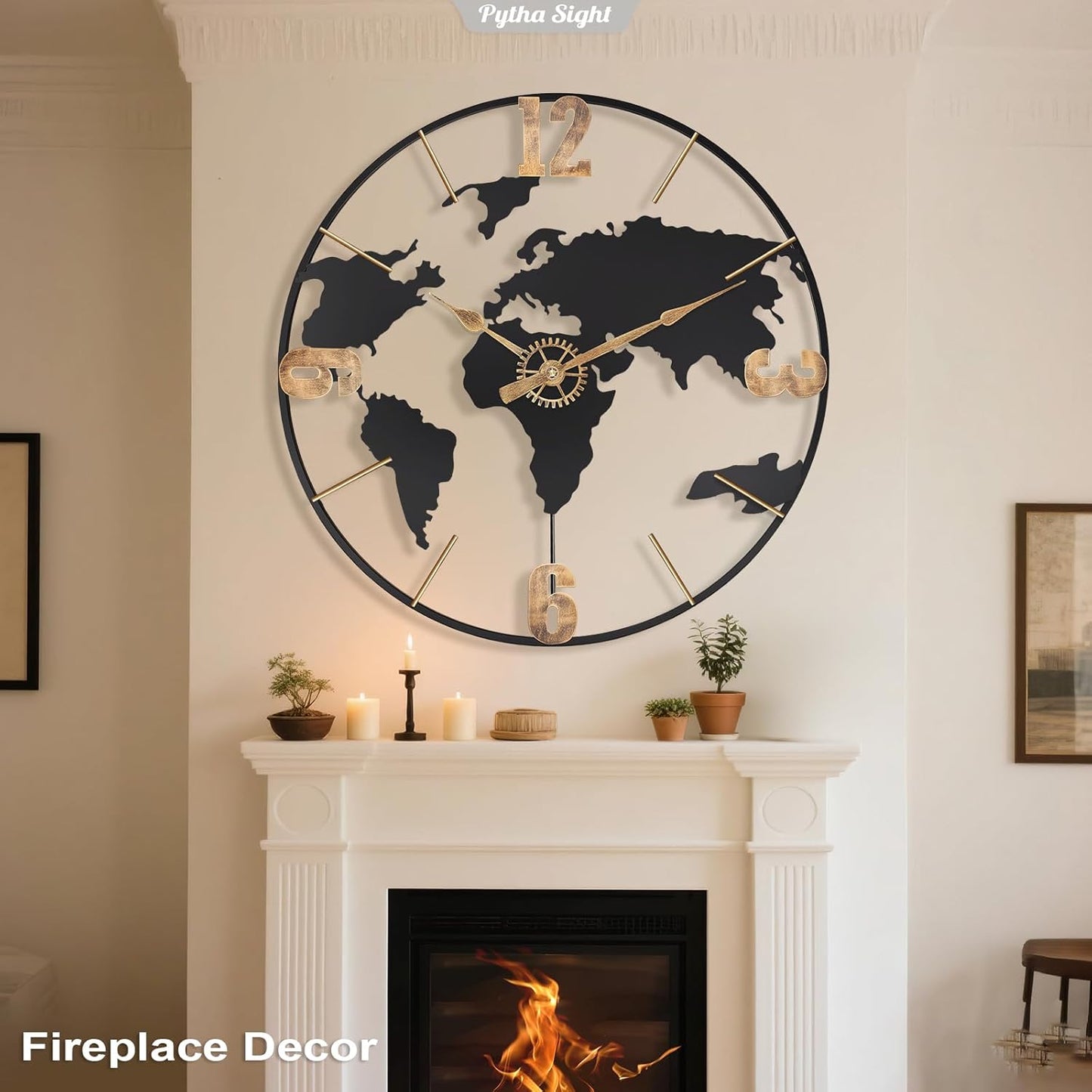 30 Inch Large Modern Decorative Metal World Map Wall Clocks Giant Extra Vintage Gold Arabic Numeral Oversized Wall Clock for Living Room,Office,Dining Room,Entryway,Fireplace