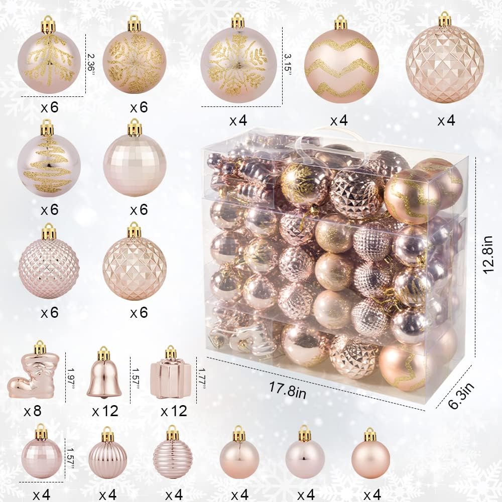 Rose Gold Christmas Ball Ornaments - 116Pc Shatterproof Hanging Decoration Set with Gift Box, Assorted Baubles for Xmas Tree/Home/Wedding/Party/Holiday