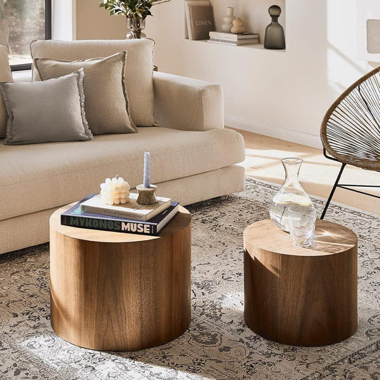 18.9”Round Nesting Coffee Table Set of 2,Wooden Circle Coffee and End Tables,Durable Accent Furniture,Modern Space-Saving Design for Small Living Rooms,Offices,No Assembling Needed,Walnut