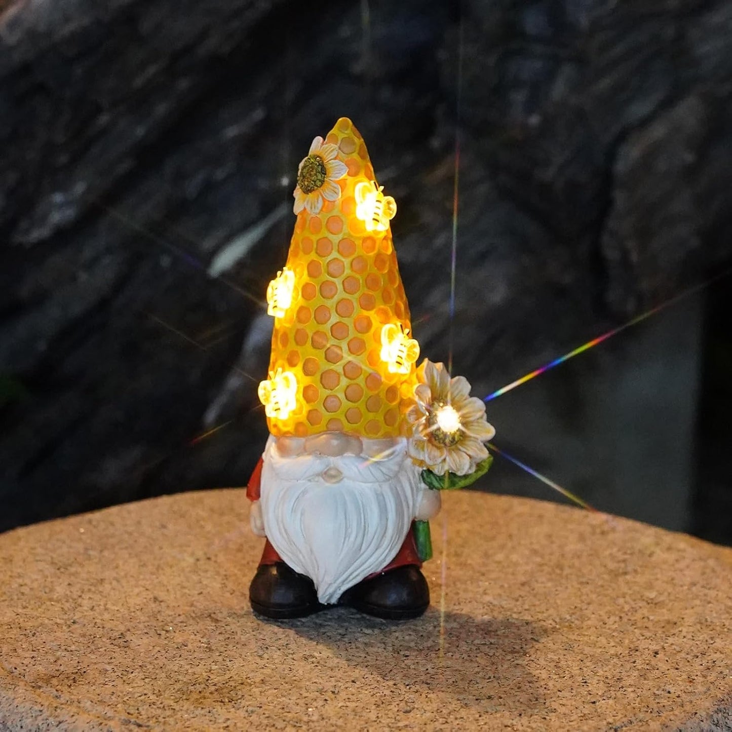 Garden Gnome Statue Solar Powered with Glowing Bees Sunflower Outdoor Funny Resin Figurine Decorations for Patio Yard Lawn Porch Housewarming Ornament Gift