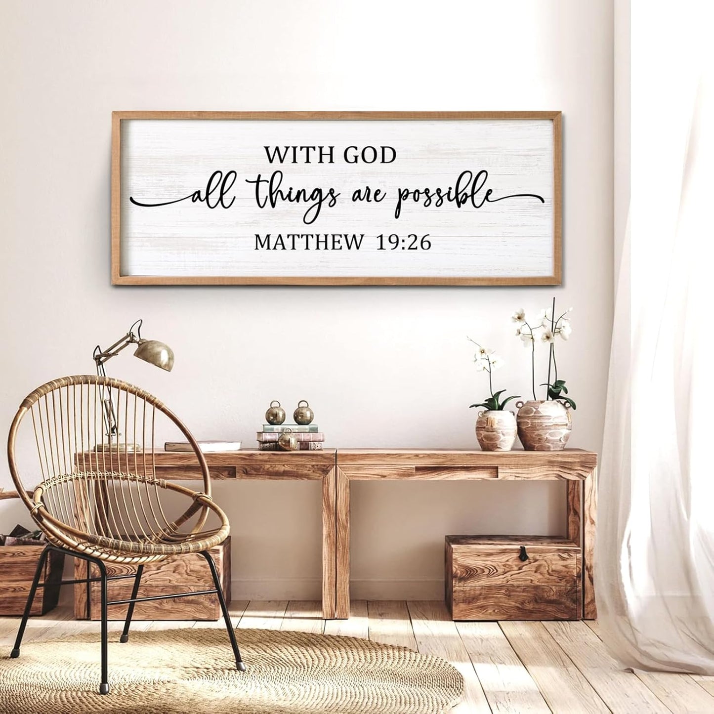 With God All Things are Possible Framed Wall Art, 40''×15'' Positive Religious Rustic Bible Verse for Christian God Jesus Christ Prayer, Vintage Horizontal Holy Inspirational Catholic Scripture Decor