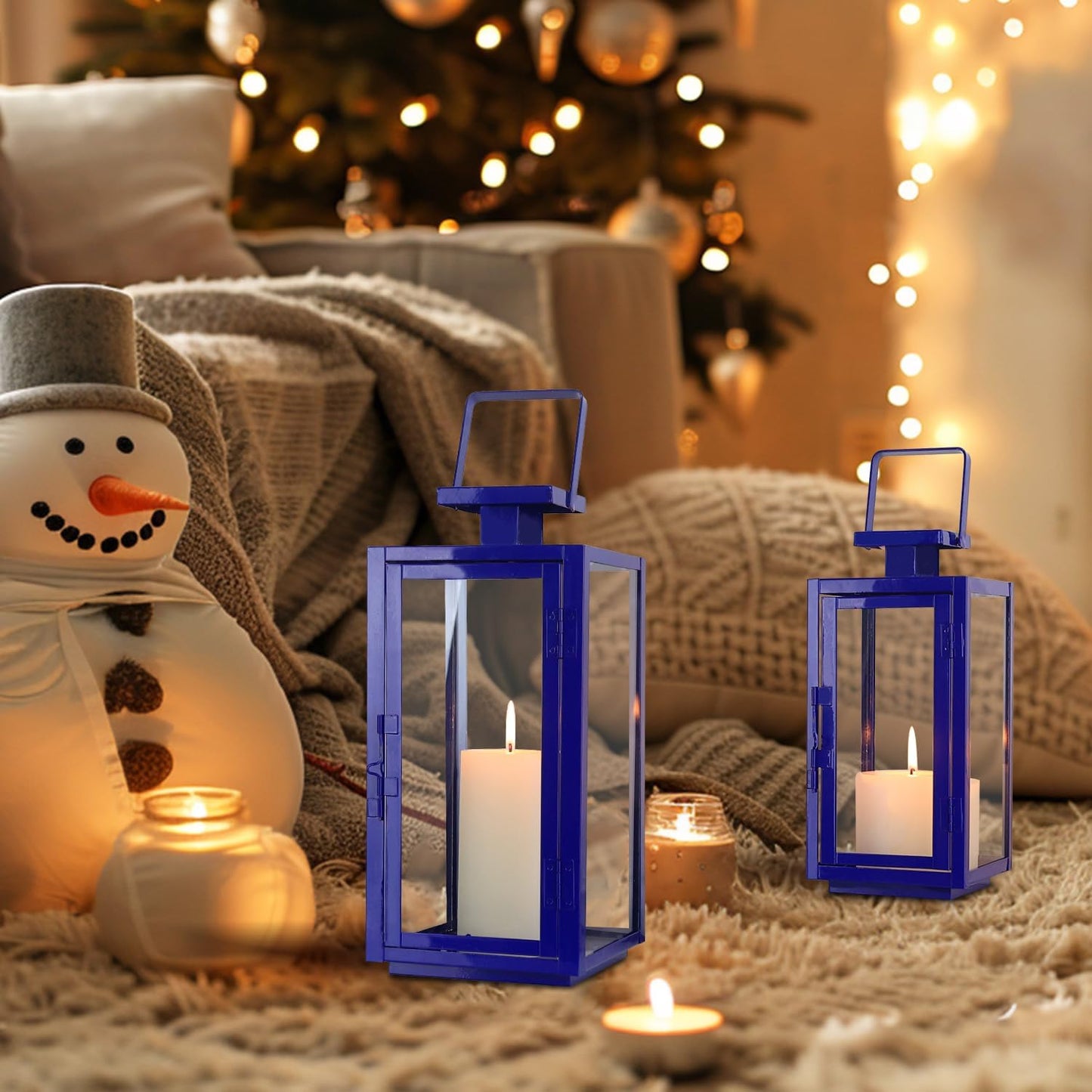 DECORKEY Lantern Decorative Outdoor&Indoor, 17''&13'' Set of 2 Blue Metal Candle Lanterns Decor, Modern Hanging/Tabletop Candle Holders for Home Porch Patio Wedding Christmas Fall Decorations