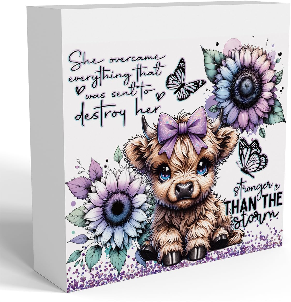 Cute Highland Cow Baby Decor, Highland Cow Sunflower Decor, Highland Cow Gifts for women, Highland Cow Nursery Decor, Wooden Box Decor Sign for Home Farmhouse Office Living Room Table Shelf