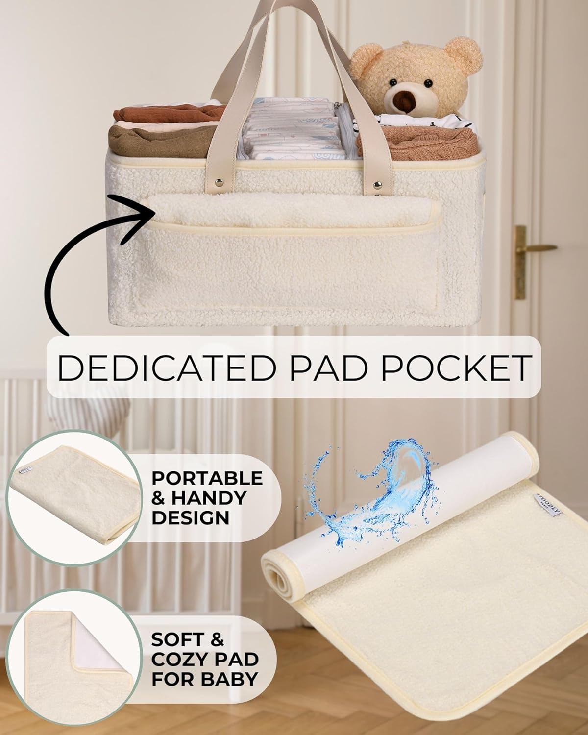 Baby Diaper Caddy Organizer with Portable Changing Mat - Teddy Fleece Diaper Organizer for Changing Table - Basket for Changing Essentials - Baby Essentials Organizer with Removable Dividers