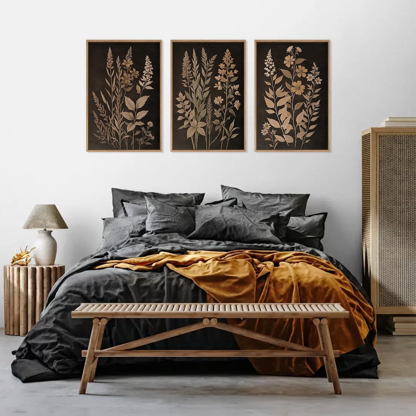 HLNIUC Vintage Botanical Fern Framed Canvas Wall Art Set,Black and Tan Plant Leaf Wall Decor,Netural Minimalist Herb Floral Art Print,Modern Farmhouse Wall Painting for Living Room,Bedroom - 16”x24”x3