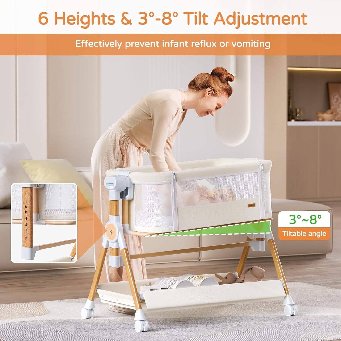 3 in 1 Baby Bassinet,Bedside/Rocking Bassinet for Baby,Bedside Crib with Lockable Wheels,Waterproof Mattress,Adjustable 6 Heights,Portable Bassinets Bedside Sleeper for Newborn Infant-Beige