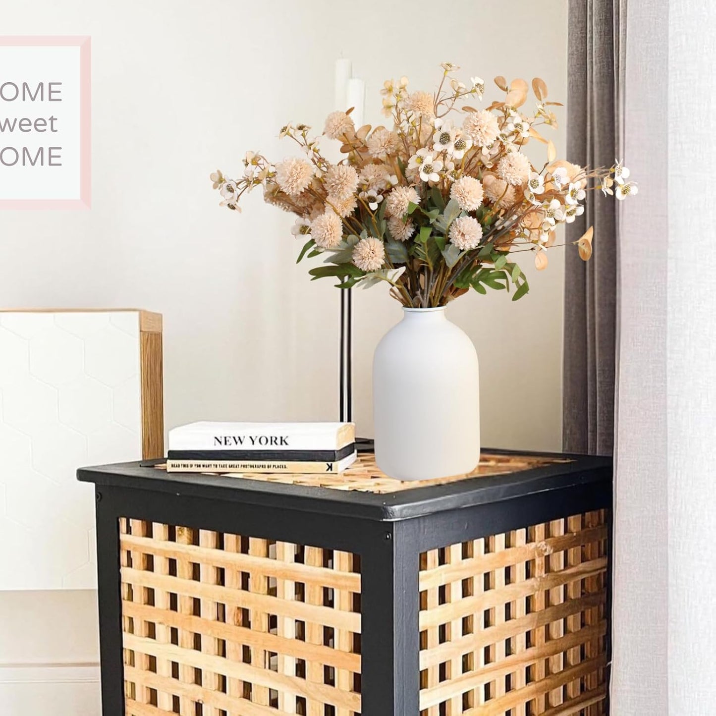 Beige Silk Flower Arrangements For Home Decor, Large Floral Centerpieces For Tables, Fake Mums + Eucalyptus + Wild Flowers in Bulk, Long Stem Artificial Flowers Coffee Dining Table, Faux Mums Flowers