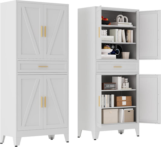 71 "Farmhouse Metal Filing Cabinet with a Drawer and 4 Adjustable Shelves, with 4 Large barn Door White Kitchen Cabinets, Metal Food Cabinets for Home, Kitchen, Dining/Living Room (White)