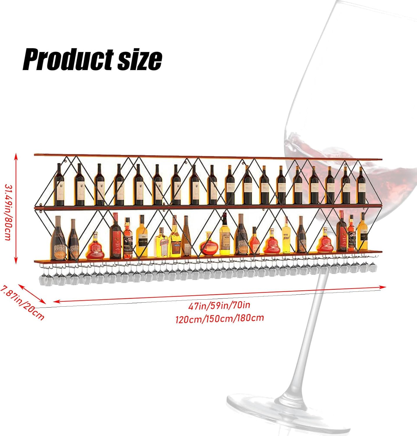 47in Wine Rack Wall Mount with Glass Holder, 3-Tier Floating Wine Rack, Multi-Function Bar Wine Bottle Display Rack for Commercial Restaurants, Tea Rooms, Bars, Wine Cellars (black, 47.24in/120cm)