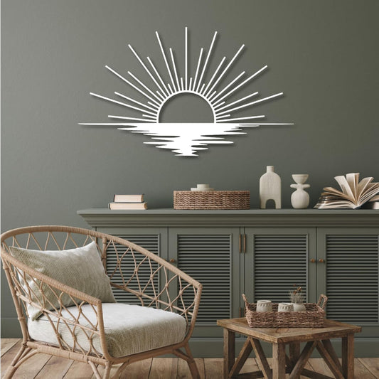 Sunrise Metal Wall Art, Metal Sun Wall Decor, Metal Sun Outdoor Decor, Large Metal Sun Wall Art, Sun Wall Art, Boho Sun Wall Art, Sunshine Metal Sign, Living Room Bedroom Wall Hangings (White, 31"x 18"| 80x47cm )