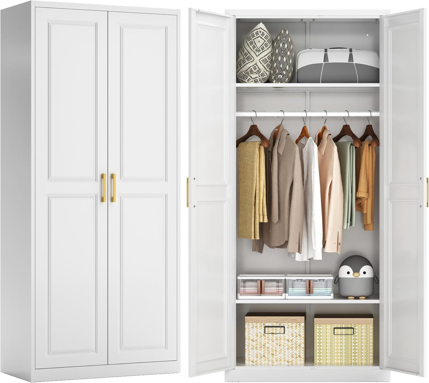 71" Metal Armoire Wardrobe Closet with 2 Doors, Tall Wardrobe Cabinet with Hanging Rod and Adjustable Shelves, White Clothing Storage Cabinets for Bedroom, Laundry Room, Home Office