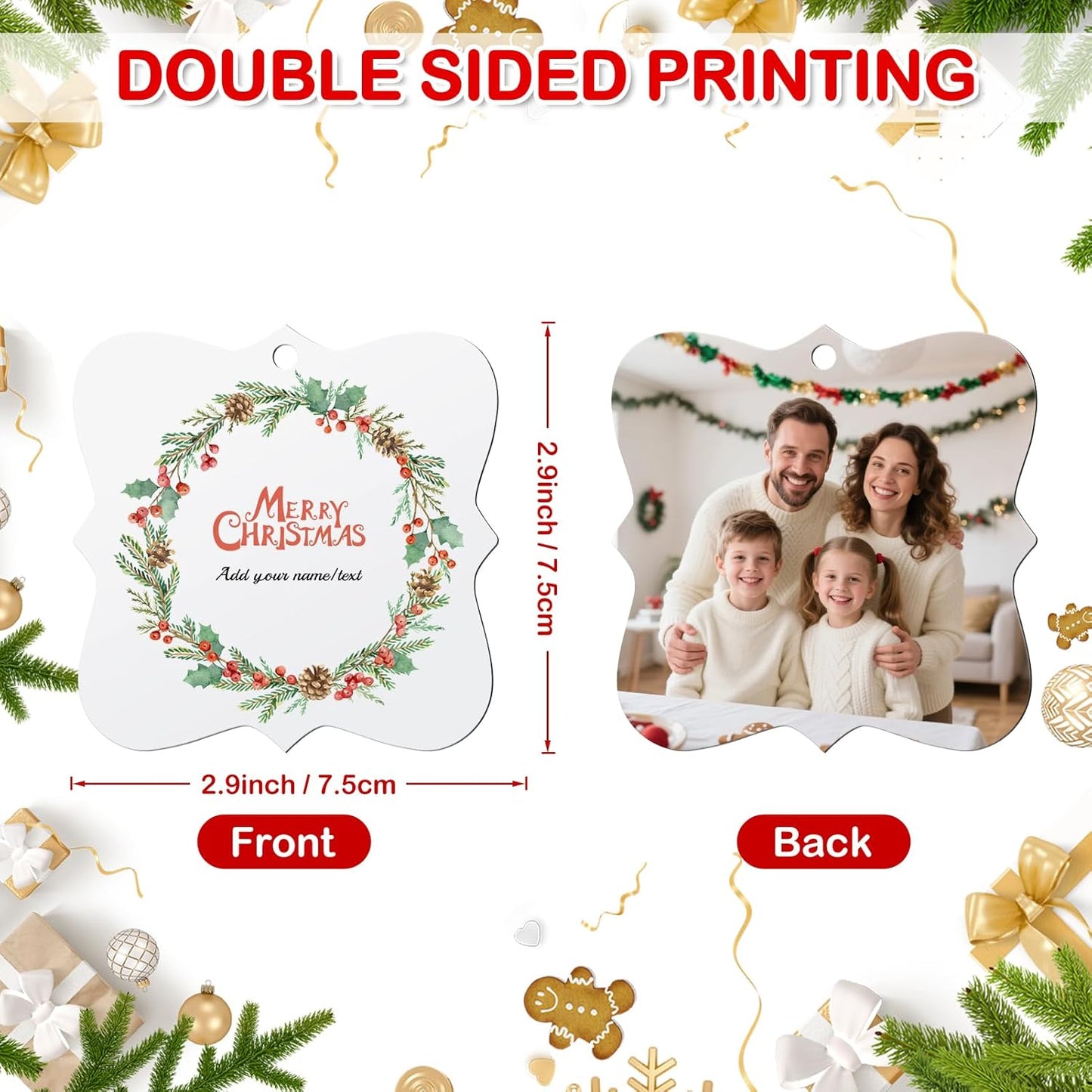 Personalized Photo Christmas Ornaments Double-Sided Metal Custom Picture Christmas Ornament 2024, Customized Xmas Tree Decorations Memorial Gifts for Kids Couples Family Friends Pet