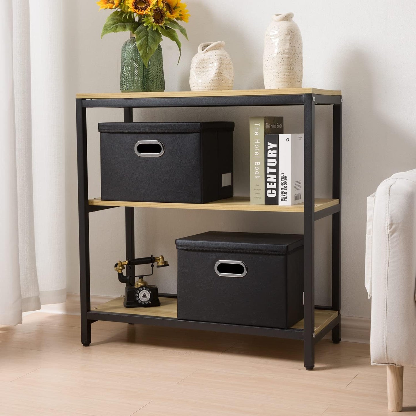 PRANDOM Collapsible Storage Bins with Lids [3-Pack] Leather Fabric Foldable Storage Boxes Organizer Containers Baskets Cube with Cover for Bedroom Closet Office Nursery Black (14.9x10.8x10)