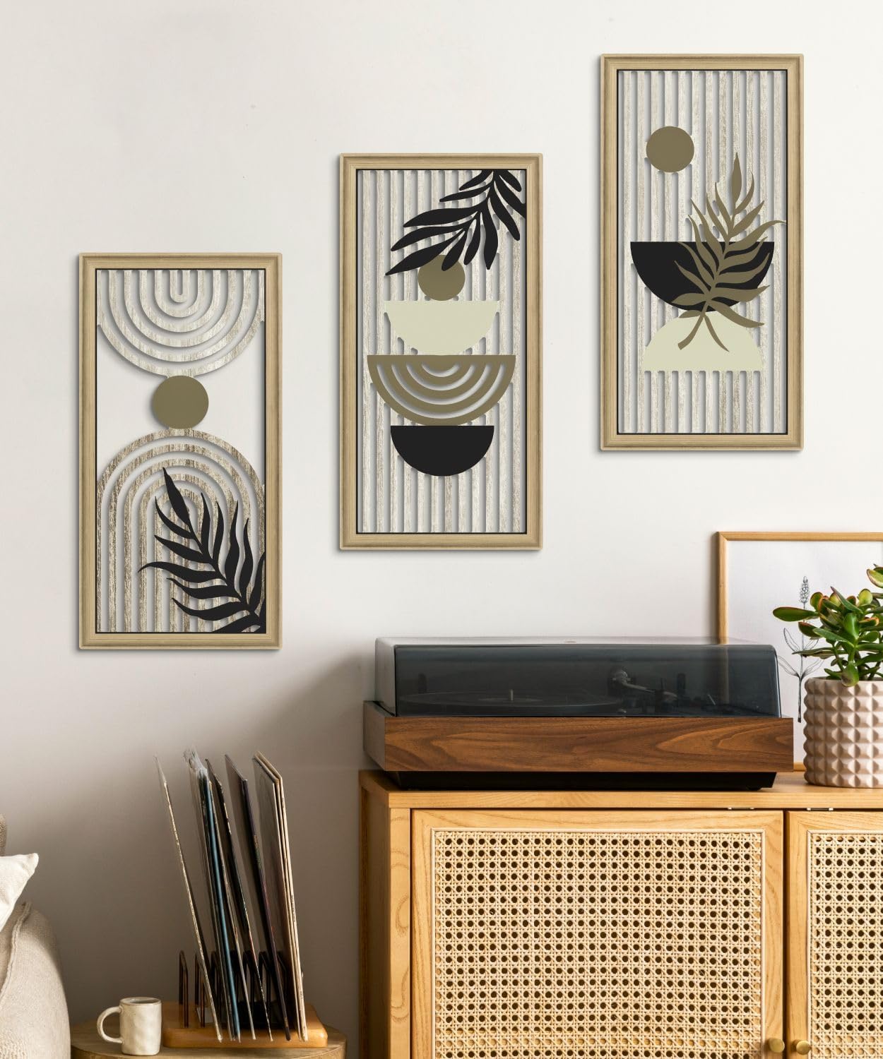 Putuo Decor Boho Abstract Wall Art, Set of 3, Modern Geometric Botanical Wooden Wall Decor, Mid-Century Minimalist Framed Artwork, Neutral Toned Aesthetic Prints, for Living Room, Bedroom, Office