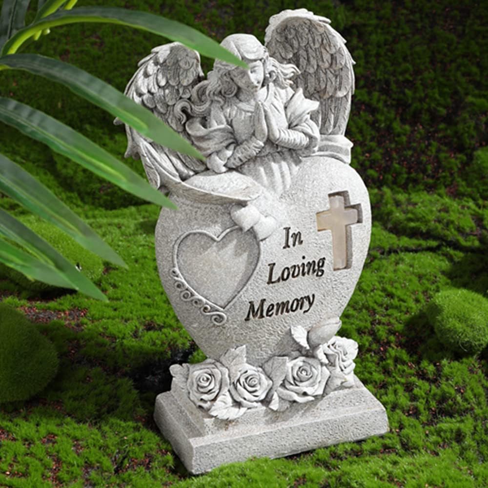 Garden Angel Statue with Cross Solar LED Light, Memorial Gifts for Loved Ones, Cemetery Grave Decorations