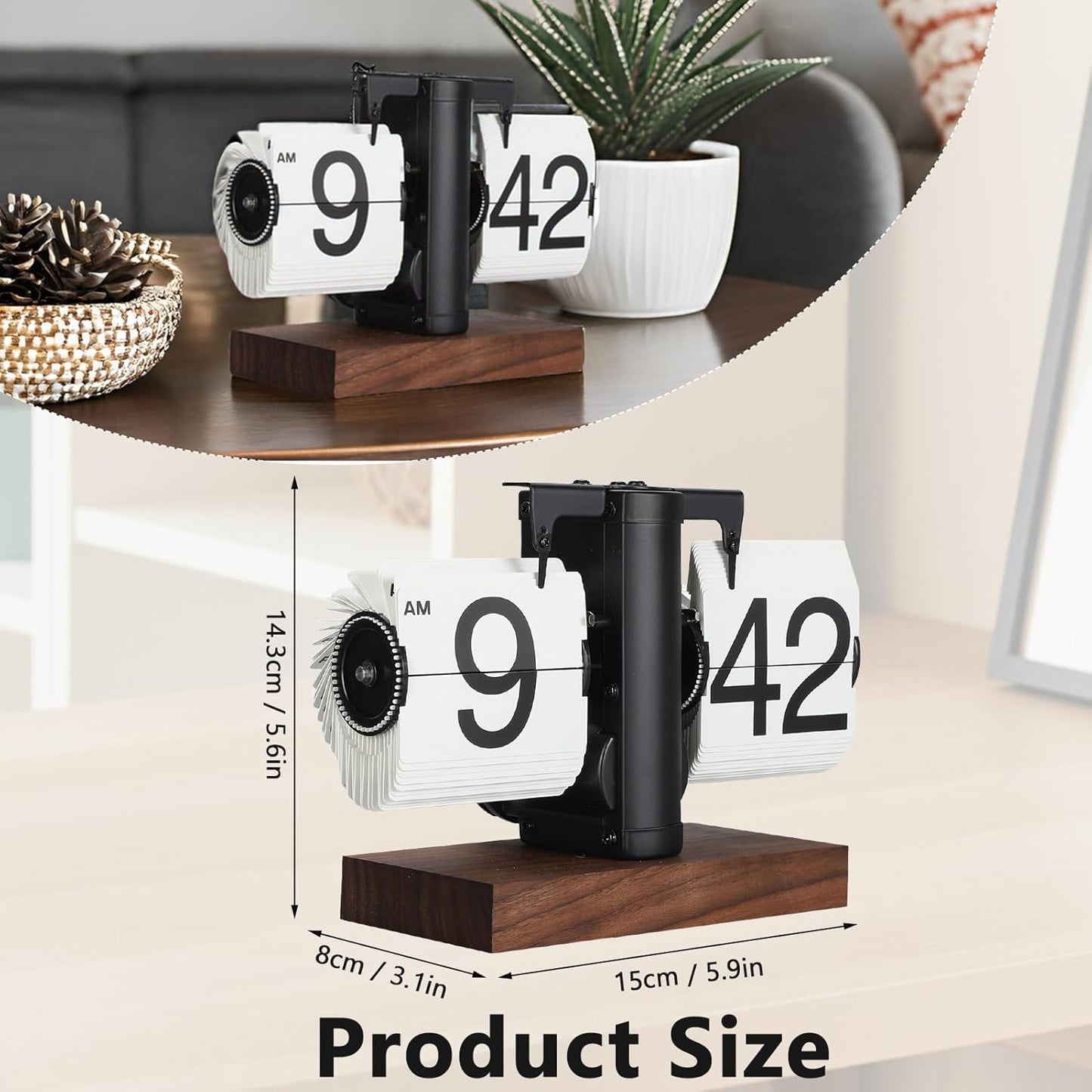 Flip Desk Clock, Retro Vintage Flip Desk Table Clock, Digital Sided Large Numbers Mechanical Flip Clock Wood Base for Living Room, Study Room and Office（Black）