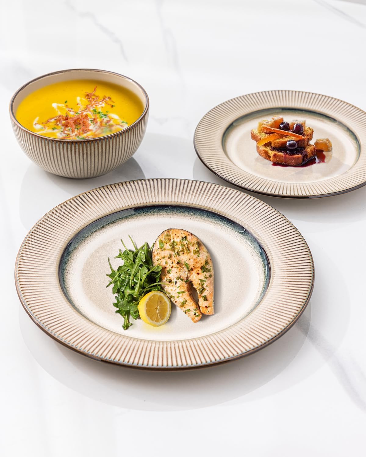 GBHOME Ceramic Dinnerware Sets, 18 Piece Embossed Elegant Stoneware Plates and Bowls Sets, Housewarming Wedding Gift | Dishwasher & Microwave Safe | Dishes Set Service for 6