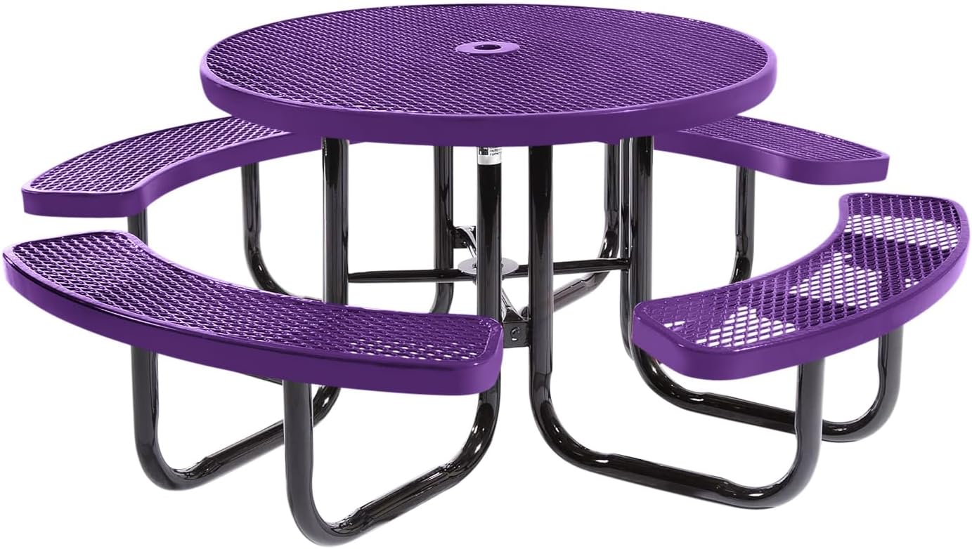 Heavy-Duty Portable Outdoor Picnic Table with Umbrella Hole, Expanded Metal Commercial-Grade Patio Dining Furniture Made in America (46" Round Top, Purple)