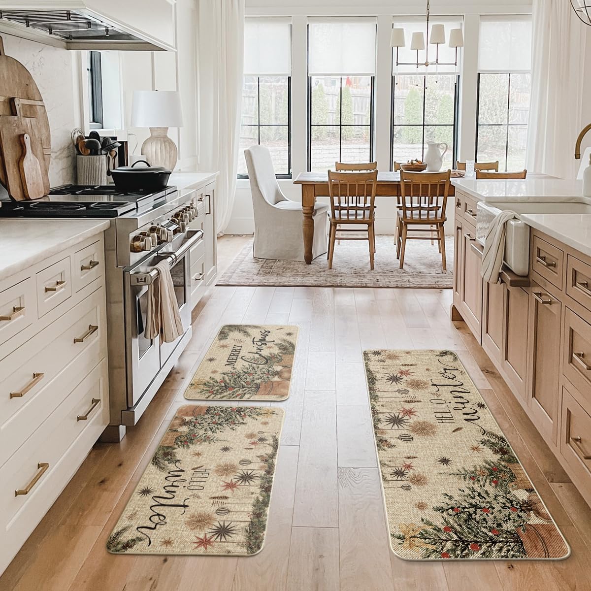 Artoid Mode Holly Ornament Merry Christmas Kitchen Mats Set of 2, Winter Home Decor Low-Profile Kitchen Rugs for Floor - 17"x29"+17"x36"+17"x47"