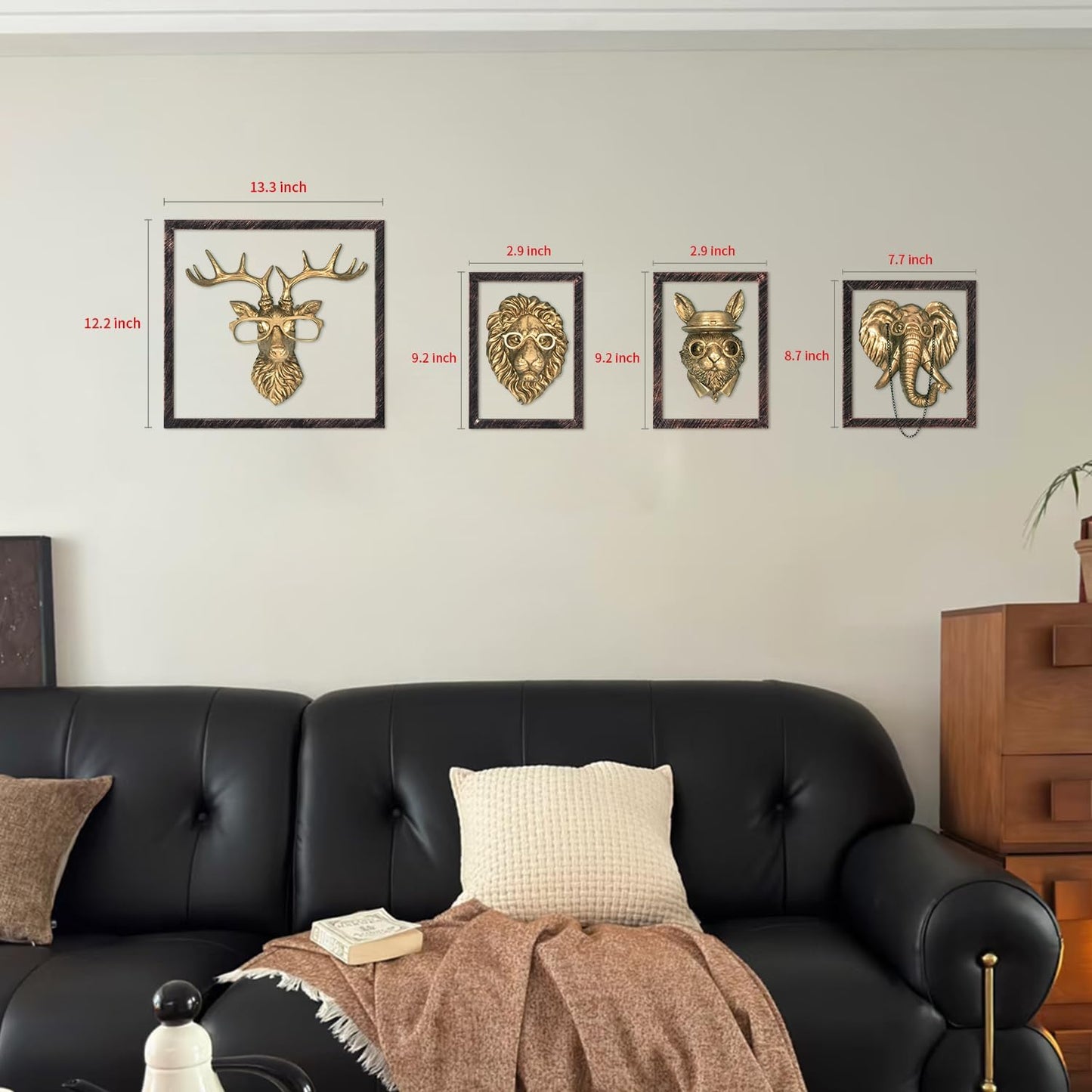 HUYIENO 4PK Animal Head Wall Decor with Metal Frame Flower Vase Gold Handcrafted Hanging Home Decor Sculptures for Living Room Bedroom