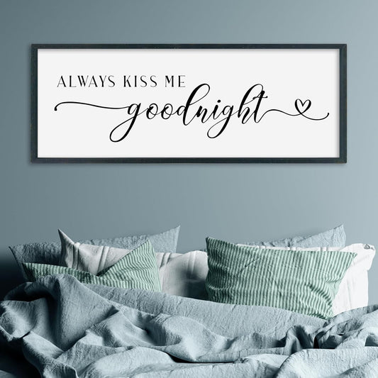 SRSZHIYUE Always Kiss Me Goodnight Sign Wall Decor Art for Master Bedroom Above Bed 32"×12" Large Wood Framed Wall Hanging (Black)