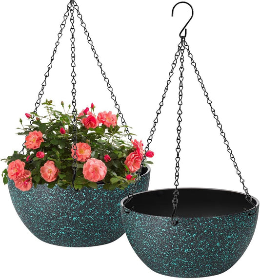 12 inch Hanging Planters for Indoor Plants, 2 Pack Planters for Outdoor Plants with Drainage Holes and Chain, Round Plastic Hanging Baskets, Hanging Flower Pots for Balcony Garden Decor-Black Speckle